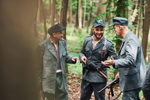 TERNOPIL, UKRAINE - June 2020 UPA Ukrainian Insurgent Army movie filming. Pictures of backstage. Soldiers talking with each other