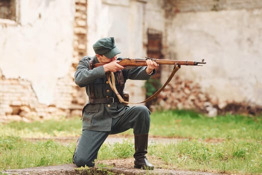 TERNOPIL, UKRAINE - June 2020 UPA Ukrainian Insurgent Army movie filming. Pictures of backstage. Young soldier with weapon