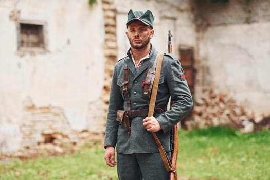 TERNOPIL, UKRAINE - June 2020 UPA Ukrainian Insurgent Army movie filming. Pictures of backstage. Young soldier with weapon