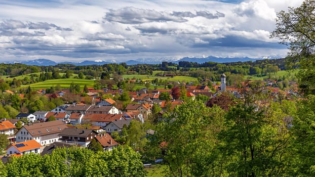 Panoramic view of the city of Andechs from the mountain, where the Andechs monastery  is located, Ammersee, Bavaria, Germany. 