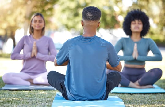 Mediation, fitness and yoga class with people in park for relax, mindfulness and spirituality. Zen, peace and wellness with group and training in grass field for health, healing or gratitude