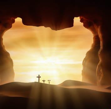 The concept of Easter Sunday, the cross of the crucifixion of Jesus Christ, the concept of the Christian faith. The tomb is empty with a cross in the background of the dawn Resurrection of Jesus generative ai