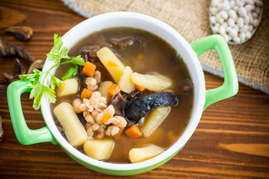mushroom hot soup with beans in a bowl