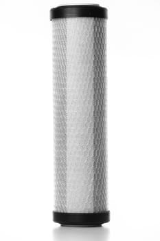 Carbon filter cartridge for house water filtration system isolated on white background. Installation of reverse osmosis water purification system. Household filtration system.