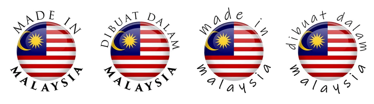 Simple Made in Malaysia / Malaysian translation 3D button sign. Text around circle with national flag. Decent and casual font version.