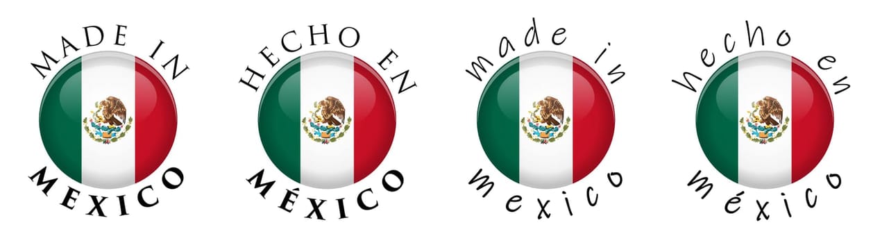 Simple Made in Mexico/ Spanish translation 3D button sign. Text around circle with Mexican flag. Decent and casual font version.