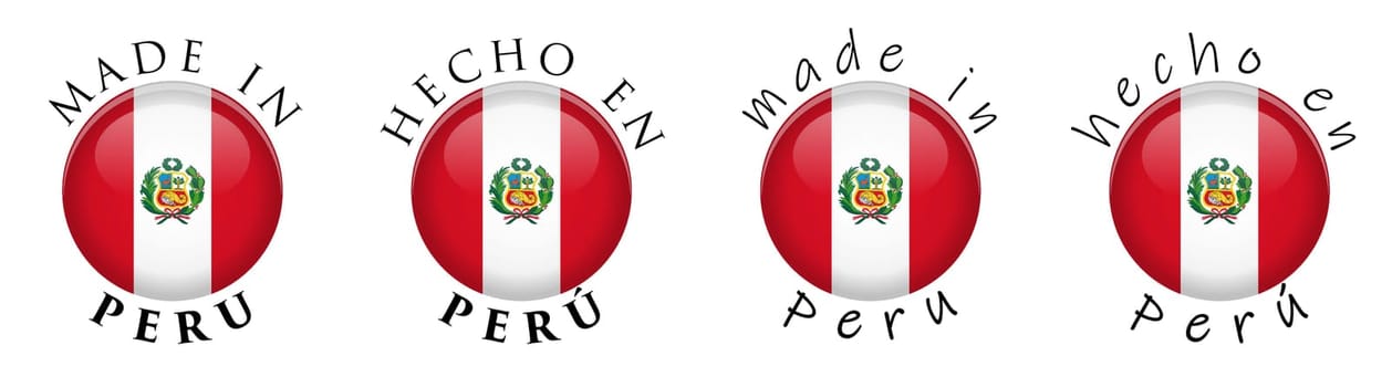 Simple Made in Peru/ Spanish translation 3D button sign. Text around circle with peruvian flag. Decent and casual font version.