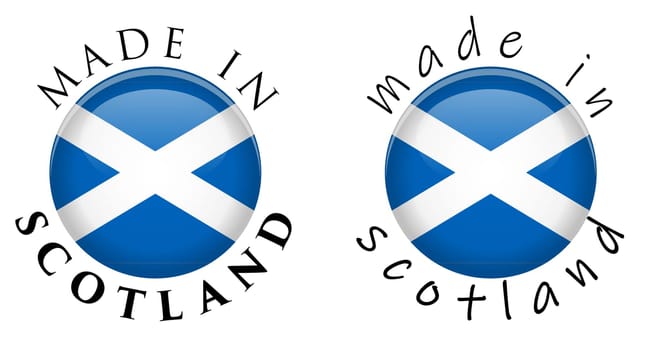 Simple Made in Scotland 3D button sign. Text around circle with Scottish flag. Decent and casual font version.