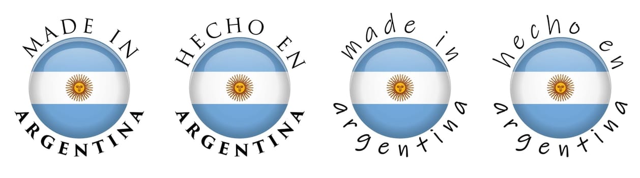 Simple Made in Argentina / Spanish translation 3D button sign. Text around circle with Argentine flag. Decent and casual font version.