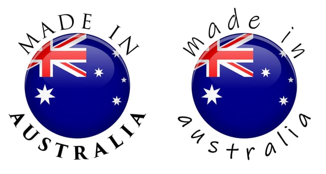 Simple Made in Australia 3D button sign. Text around circle with Australian flag. Decent and casual font version.