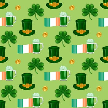 Seamless pattern with the Irish flag, a beer mug,