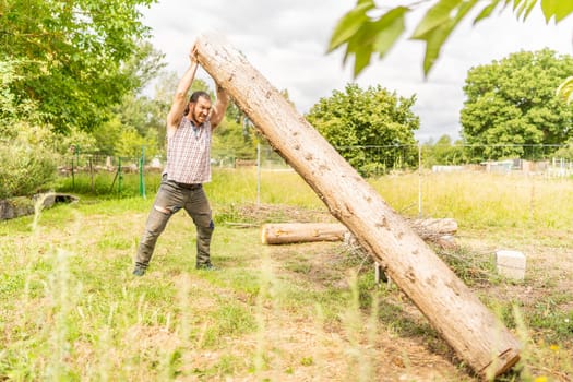Strong woodcutter lifting a log with his bare hands