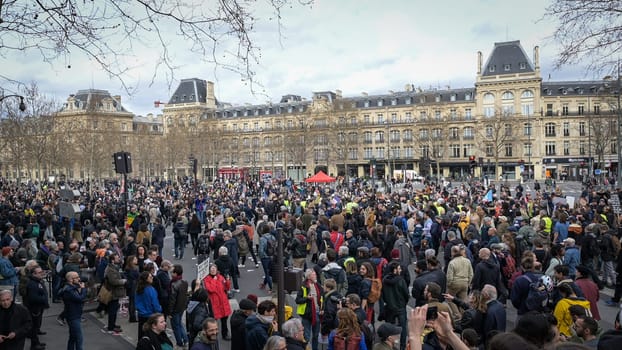 France, Paris, 2023-03-23. Demonstration, Strike, Ninth day of mobilisation against the pension reform. The Parisian procession, near Republique Place.