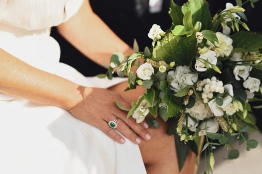 Bridal bouquet with the lisianthus and eucalyptus