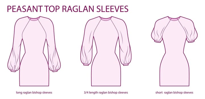 Set of Peasant top raglan sleeves bishop style long, 3-4 and short length clothes technical fashion illustration fitted