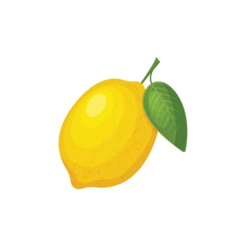 Lemon. A yellow ripe lemon with a green leaf, in a cartoon style. Tropical citrus. Vector illustration isolated on a white background