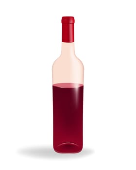 Glass bottle half filled with red wine on white