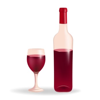 Wine glass filled with red wine, a wine bottle