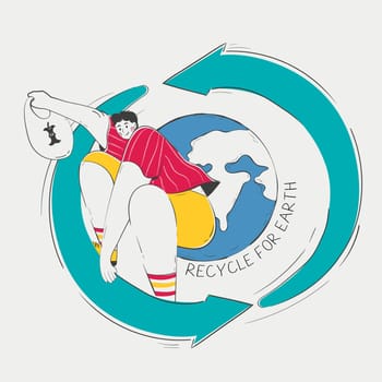 Man Gliding on Recycling Symbol, Journeying Across the Globe carries a bag of leftover food for recycling
