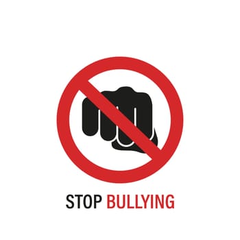 Stop bullying sign. Stop bullying in the school. Verbal, social, physical, cyberbullying concept. Social problems. Black fist icon and red sign. Vector illustration