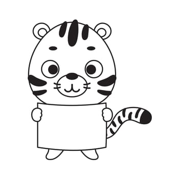 Coloring page cute little tiger holds paper sheet. Coloring book for kids. Educational activity for preschool years kids and toddlers with cute animal. Vector stock illustration