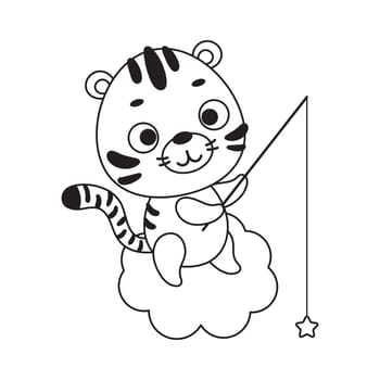 Coloring page cute little tiger fishing star on cloud. Coloring book for kids. Educational activity for preschool years kids and toddlers with cute animal. Vector stock illustration