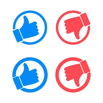Like and dislike vector flat Icons. Thumbs up and thumbs down icons. Blue like button, red dislike button. Design Elements for smm, ad, marketing, ui, ux, app. Vector illustration