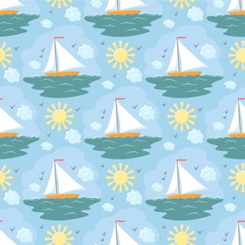 Seamless pattern with sailboat on the sea, hand-drawn. Vector illustration