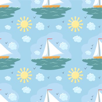 Seamless pattern with sailboat on the sea, hand-drawn. Vector illustration