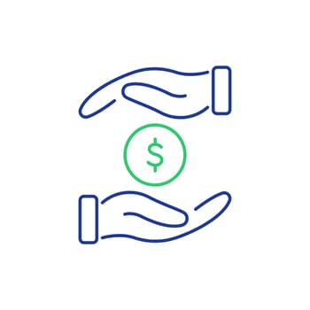 Save money line icon. Salary, investment finance and economy concept. Two hand holding dollar coin line icon. Payment, safety money, protection of currency. Editable stroke. Vector illustration