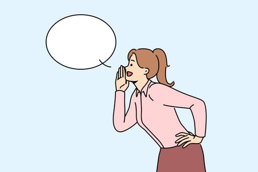 Woman with speech bubble make announcement
