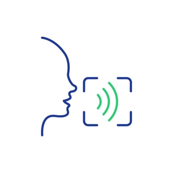 Voice and Speech Recognition line Icon. Voice Command Icon with Sound Wave. Voice Control. Speak or Talk Recognition line pictogram. Human head and Sound Wave. Vector Illustration