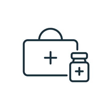 First Aid or Medical Kit icon. Medical Box line icon. First Aid Bag with Bottle of Vaccine. Vaccine Against coronavirus. Editable stroke. Vector illustration