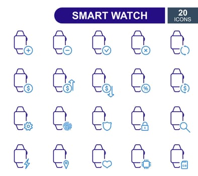 Set of Smart Watch Line Icons. Smart Watch repair service, sale, loan, renovation and update system line icons. Editable Stroke. Vector illustration