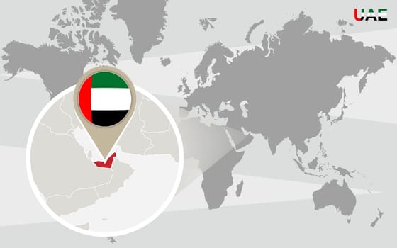 World map with magnified United Arab Emirates