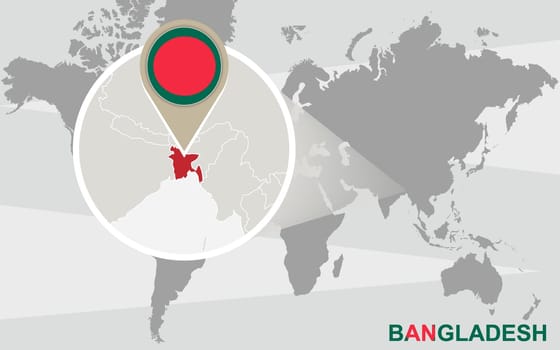 World map with magnified Bangladesh