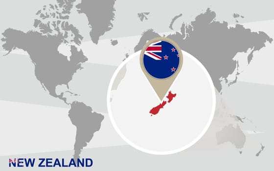 World map with magnified New Zealand