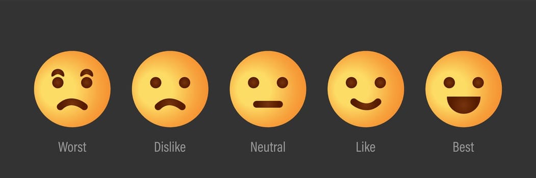 Feedback Scale Service with Emotion Icons. User Experience Rate with Feedback Scale. Yellow Emoji for Customer Feedback. Worst, Dislike, Neutral, Like, Best Emotion Icons. Vector illustration