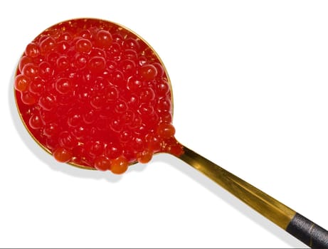 Red sturgeon caviar in a metal spoon on a white isolated background, delicious snack
