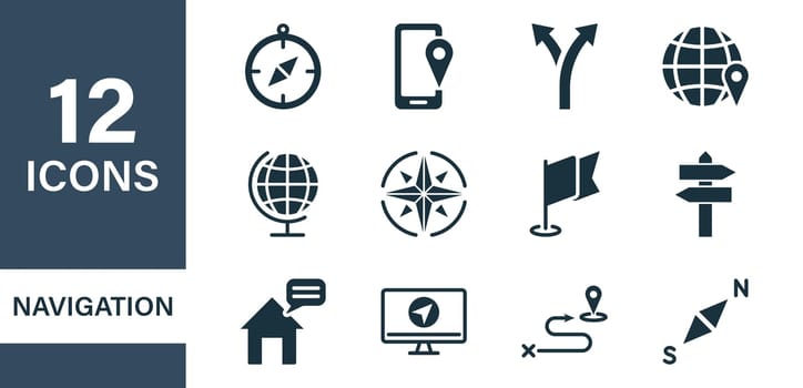 Navigation and Map line icons. Navigation, Road Location, Destination line icons. Map, Pointer, Pin, GPS, Compass, Geo Location, Traffic and Tourism Silhouette icons. Vector illustration