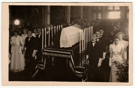 Vintage photo shows the funeral of Karel Hynek Macha - famous Czech poet. Retro black and white photography.