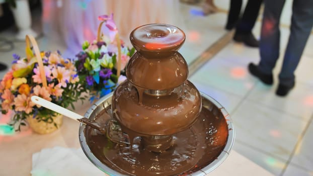 Chocolate fountain at a wedding celebration in europe.