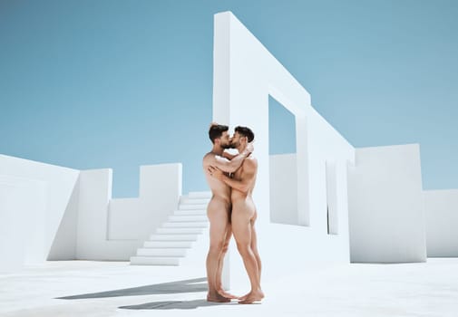 Art, creativity and kiss, naked men together in lgbt embrace with sun, Greek architecture and photography. Creative pride, artistic body hug and aesthetic love, nude gay couple kissing with blue sky