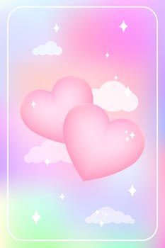 Y2k heart blurred gragient card. Happy Valentine s Day holographic vector poster background with cloud and hearts geometric shape in trendy 90s, 00s psychedelic style. Rainbow holo vibrant and pink colors