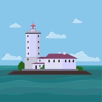 Illustration with lighthouse and houses on island.