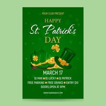 St. Patricks Day celebration party invitation template. Green background with Leprechaun hat and shoes, wealth, golden coins.Vector illustration.
