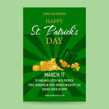 St. Patrick's Day celebration invitation background. Flyer design for the March 17 party. Pile of gold, Leprechaun hat, golden shamrock. Vector illustration.