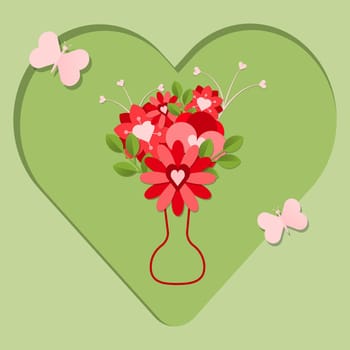 The bouquet of different flowers with butterflies in the big heart. Pink flowers in the vase, designed in paper folding style on a green background. Paper cut vector illustration.