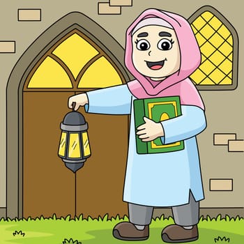 Ramadan Muslim Girl with Quran Colored Cartoon