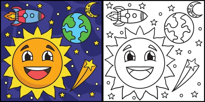 Happy Sun In Space Coloring Page Illustration